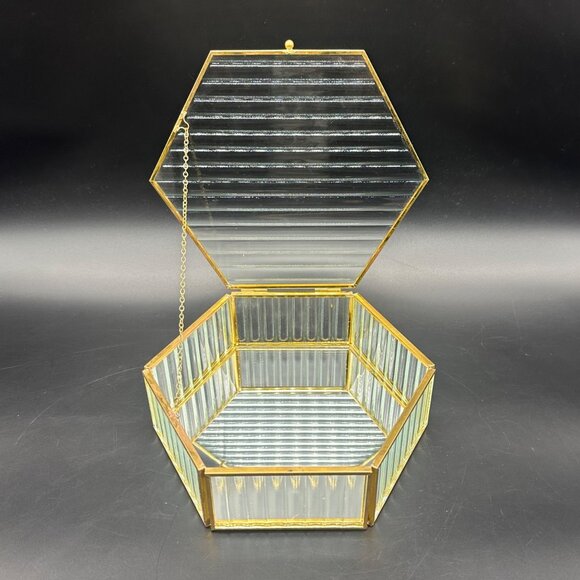 Vintage Jewelry Box Hexagon Ribbed Clear Glass Brass Hinged Top Mirrored Inside - Picture 2 of 11